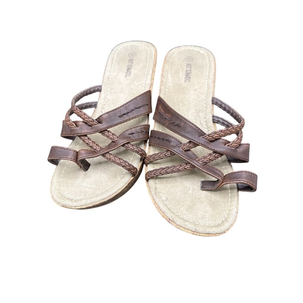 brown Hot Tomato sandals featuring a wedge heel, a braided strap design